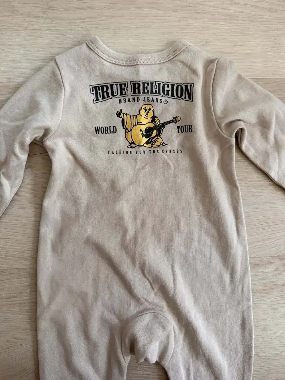 True Religion World Tour Graphic Romper Jumpsuit 3-6M Beige